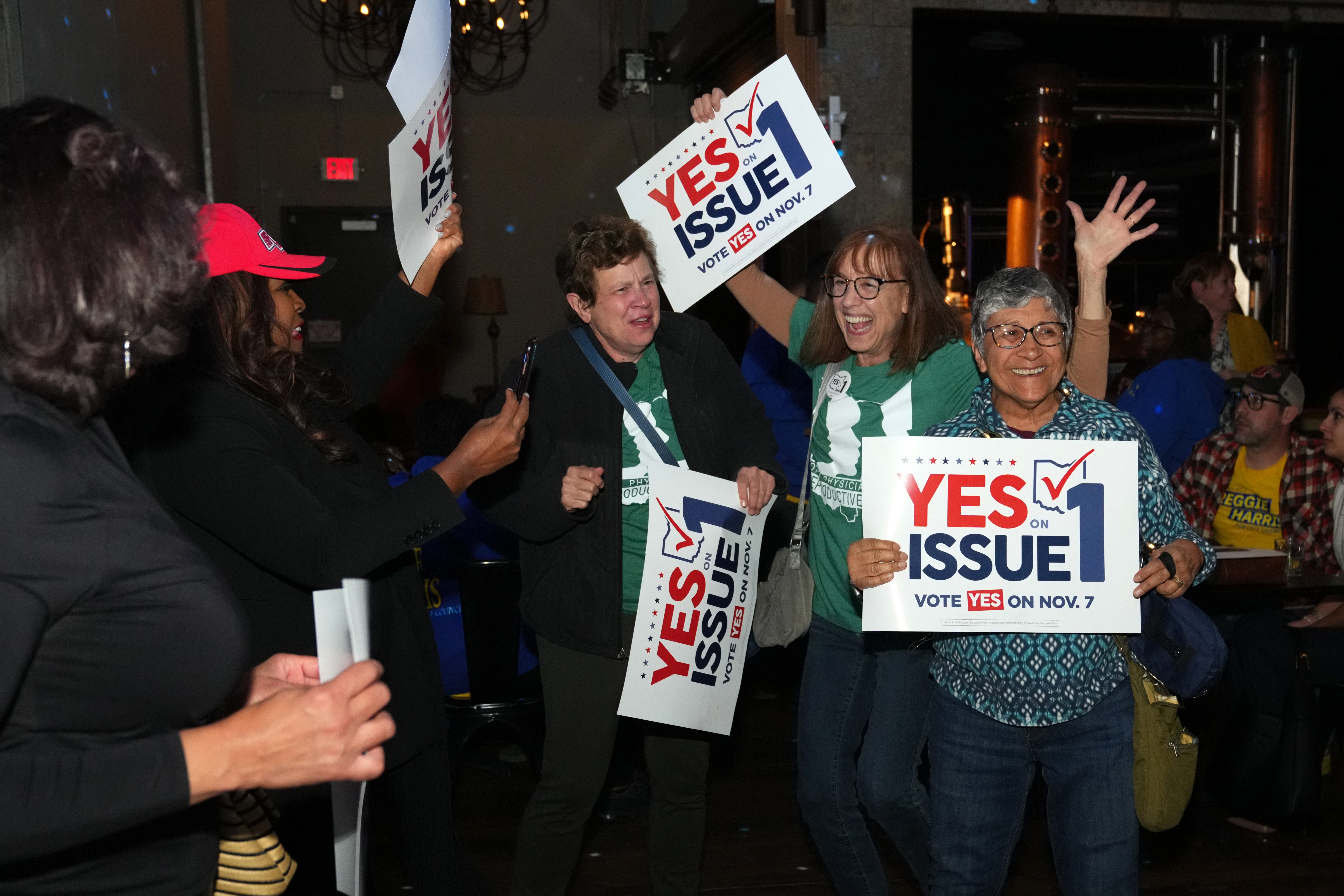 Voters reacts to the passage of Ohio Issue 1, a ballot measure to amend the state constitution and establish a right to abortion at an election night party hosted by the Hamilton County Democratic Party, Tuesday, Nov. 7, 2023, at Knox Joseph Distillery in the Over-the-Rhine neighborhood of Cincinnati.