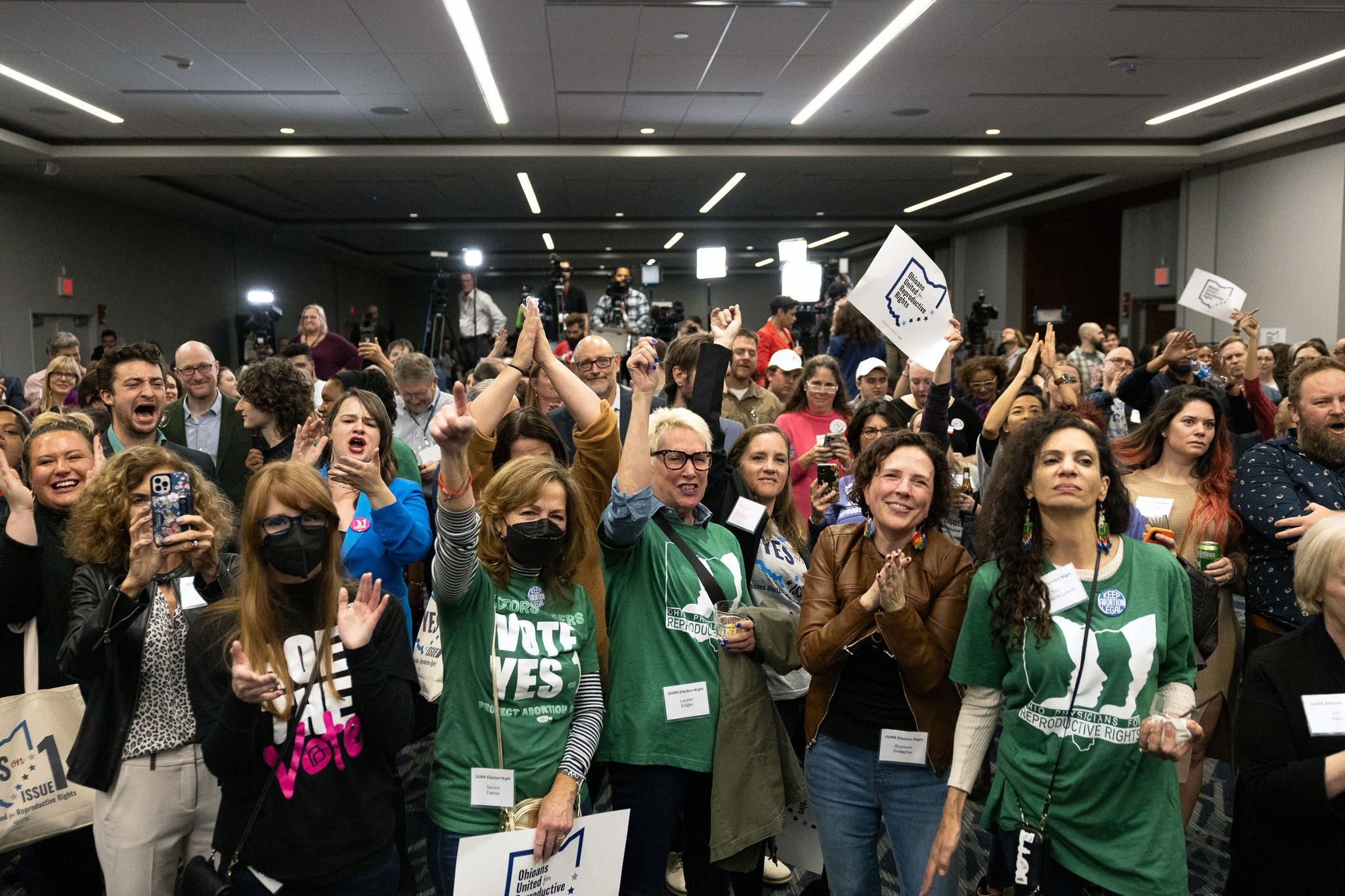 Abortion rights supporters celebrate winning the referendum on the so-called Issue 1, a measure to enshrine a right to abortion in Ohio's Constitution, in Columbus, Ohio on November 7, 2023.