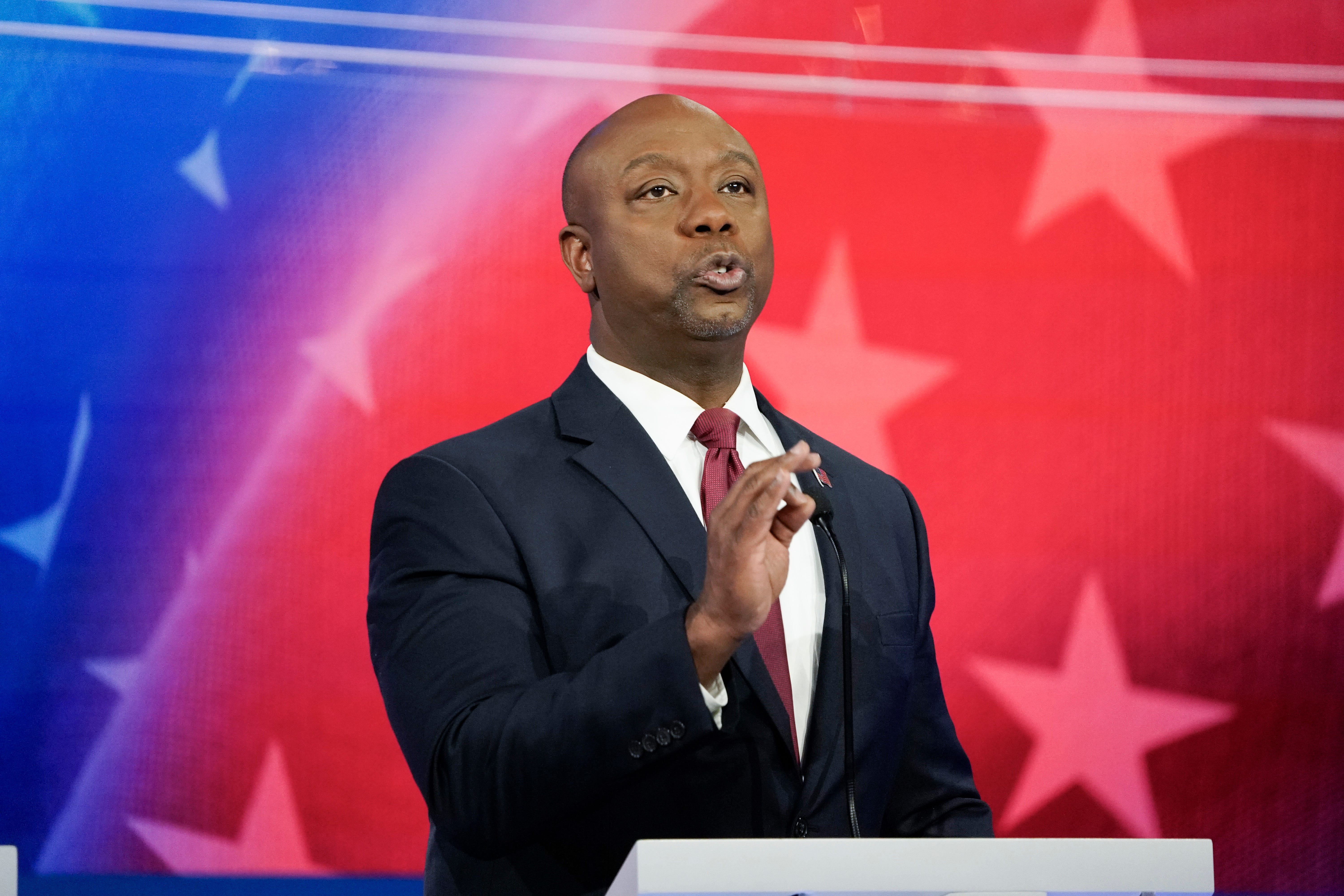 Senator Tim Scott of South Carolina during the Republican National Committee presidential primary debate hosted by NBC News at Adrienne Arsht Center for the Performing Arts of Miami-Dade County.