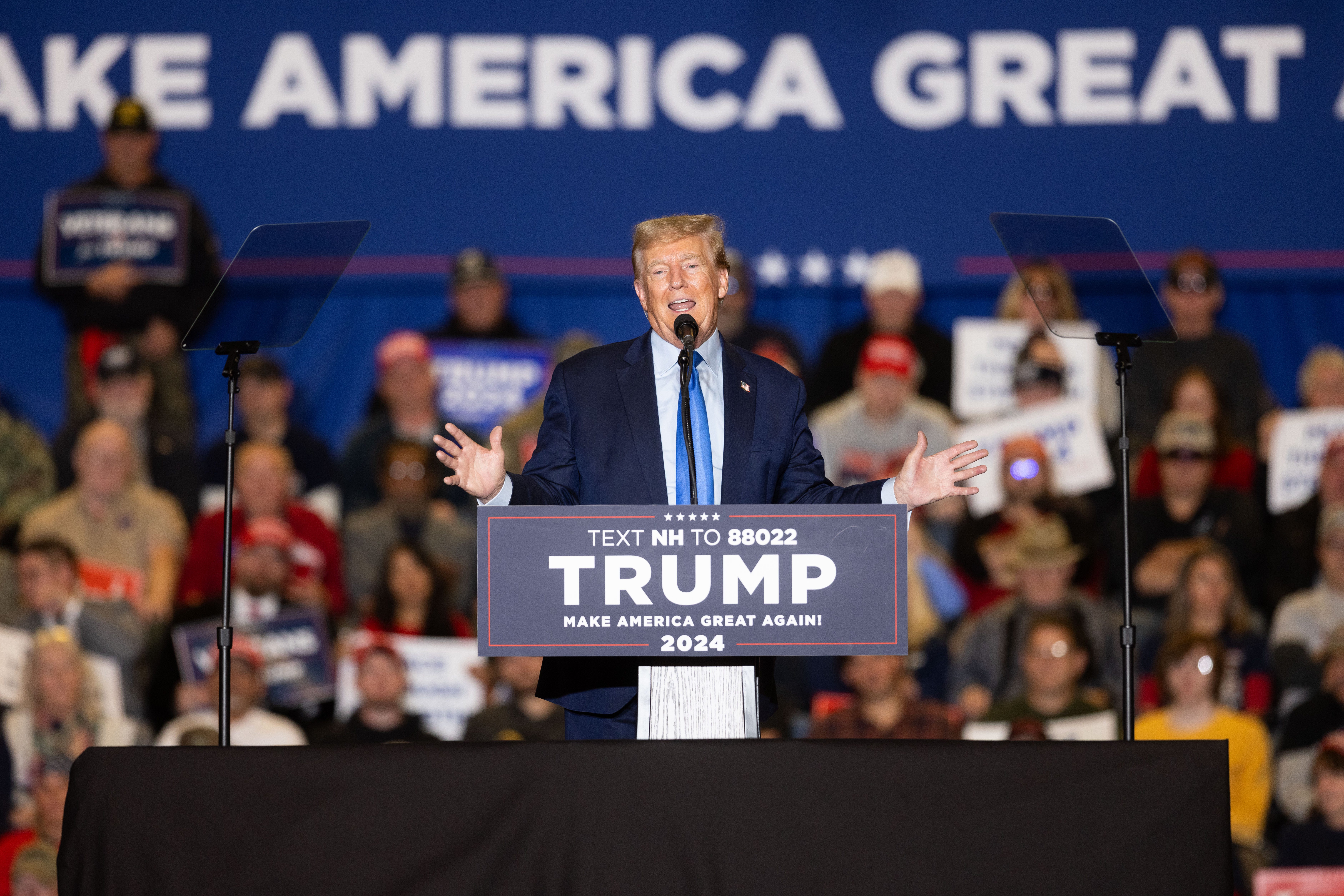 CLAREMONT, NEW HAMPSHIRE - NOVEMBER 11: Republican presidential candidate former President Donald Trump delivers remarks during a campaign event on November 11, 2023 in Claremont, New Hampshire. The defense is scheduled to start presenting its case on Monday in Trump's fraud case. (Photo by Scott Eisen/Getty Images) ORG XMIT: 776059135 ORIG FILE ID: 1776405747