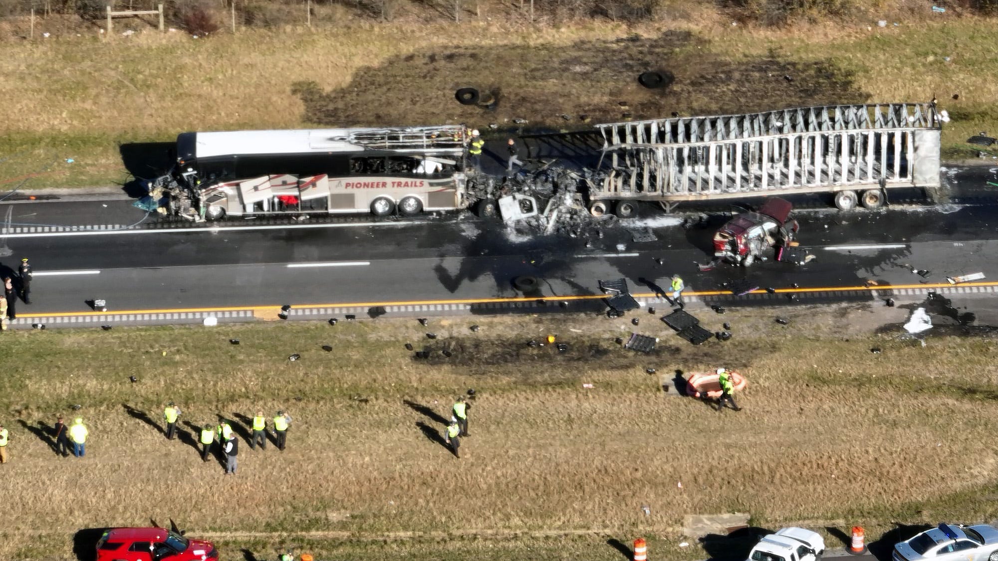 Nov 14, 2023; Columbus, Ohio, USA; Both directions of Interstate 70 are closed in Licking County near the State Route 310 interchange after a "mass casualty incident." Around 8:45 a.m. Tuesday, dozens of emergency personnel from across Licking County and eastern Franklin County were dispatched to the area on a report of a crash. Scanner traffic indicated that a tractor-trailer hit a commercial bus carrying dozens of passengers.