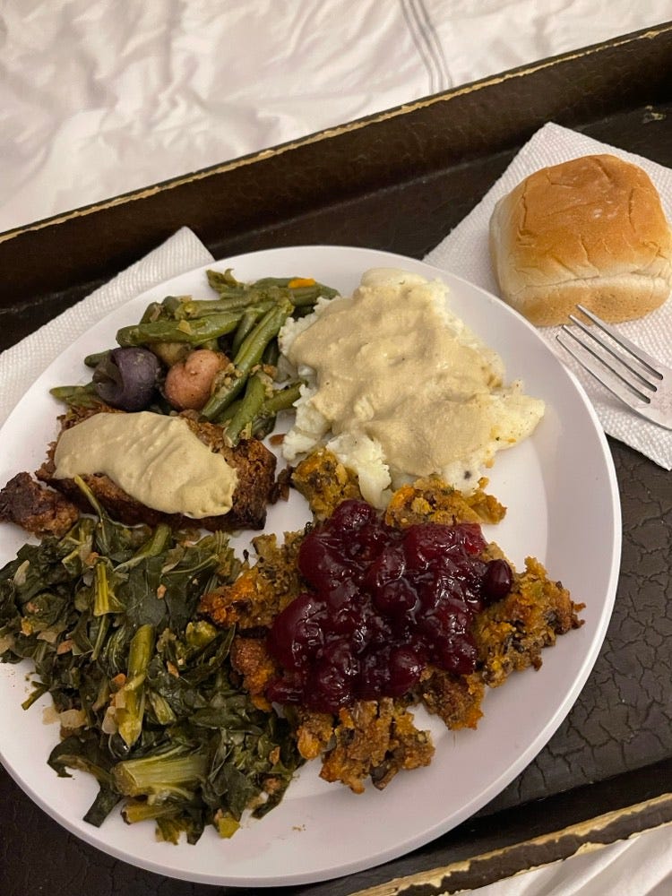 A vegan Thanksgiving plate.