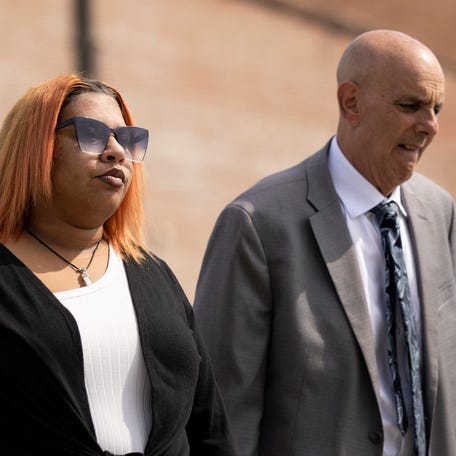 Deja Taylor arrives to the United States Courthouse in Newport News, Va., on Thursday, Sept. 21, 2023, with her lawyer James Ellenson. Taylor, the mother of a 6-year-old who shot his teacher in Virginia is scheduled to be sentenced Wednesday, Nov. 15, for using marijuana while owning a gun, which is illegal under U.S. law.