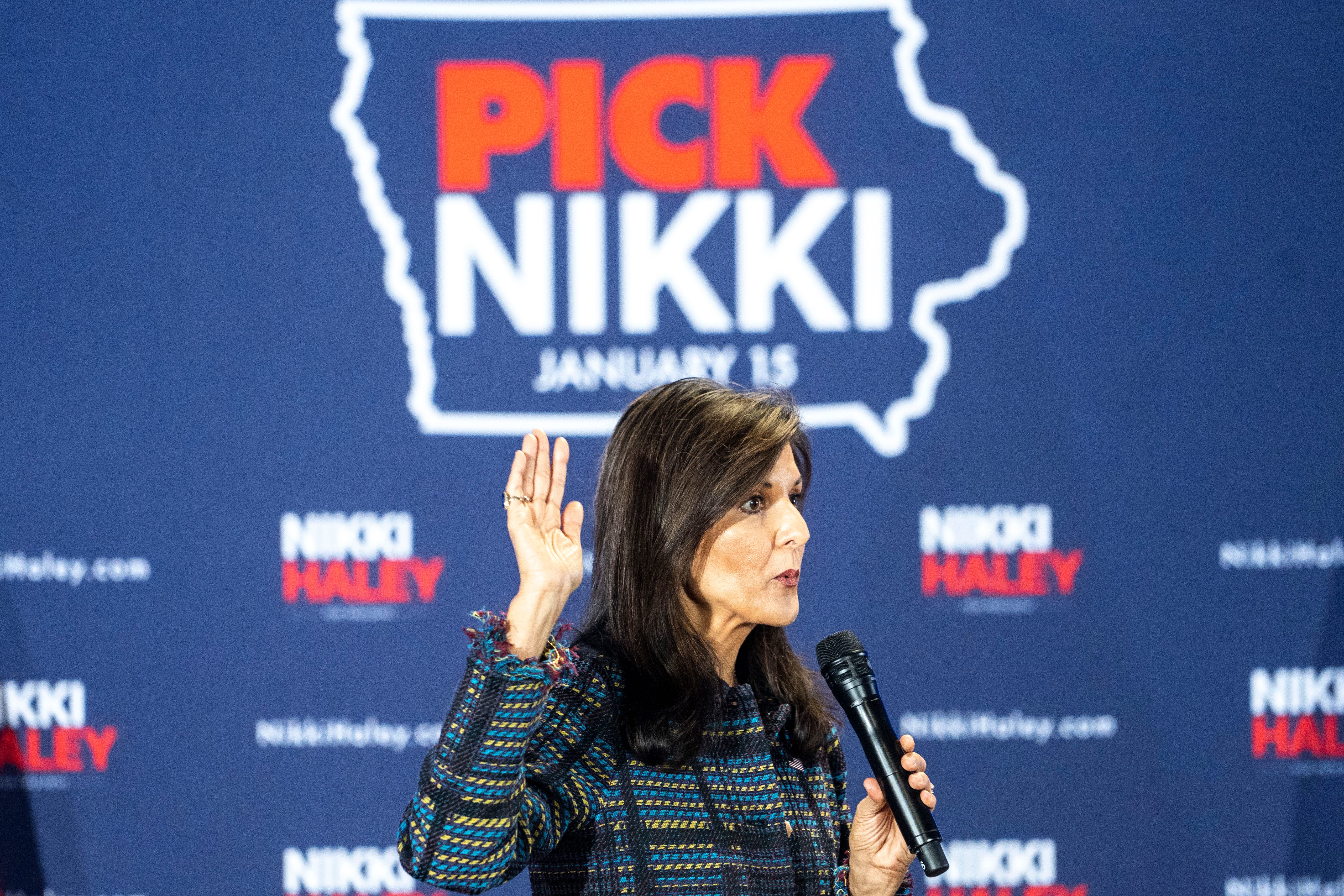 Presidential candidate Nikki Haley speaks during a town hall at Vittoria Lodge on Friday, November 17, 2023 in Ankeny.