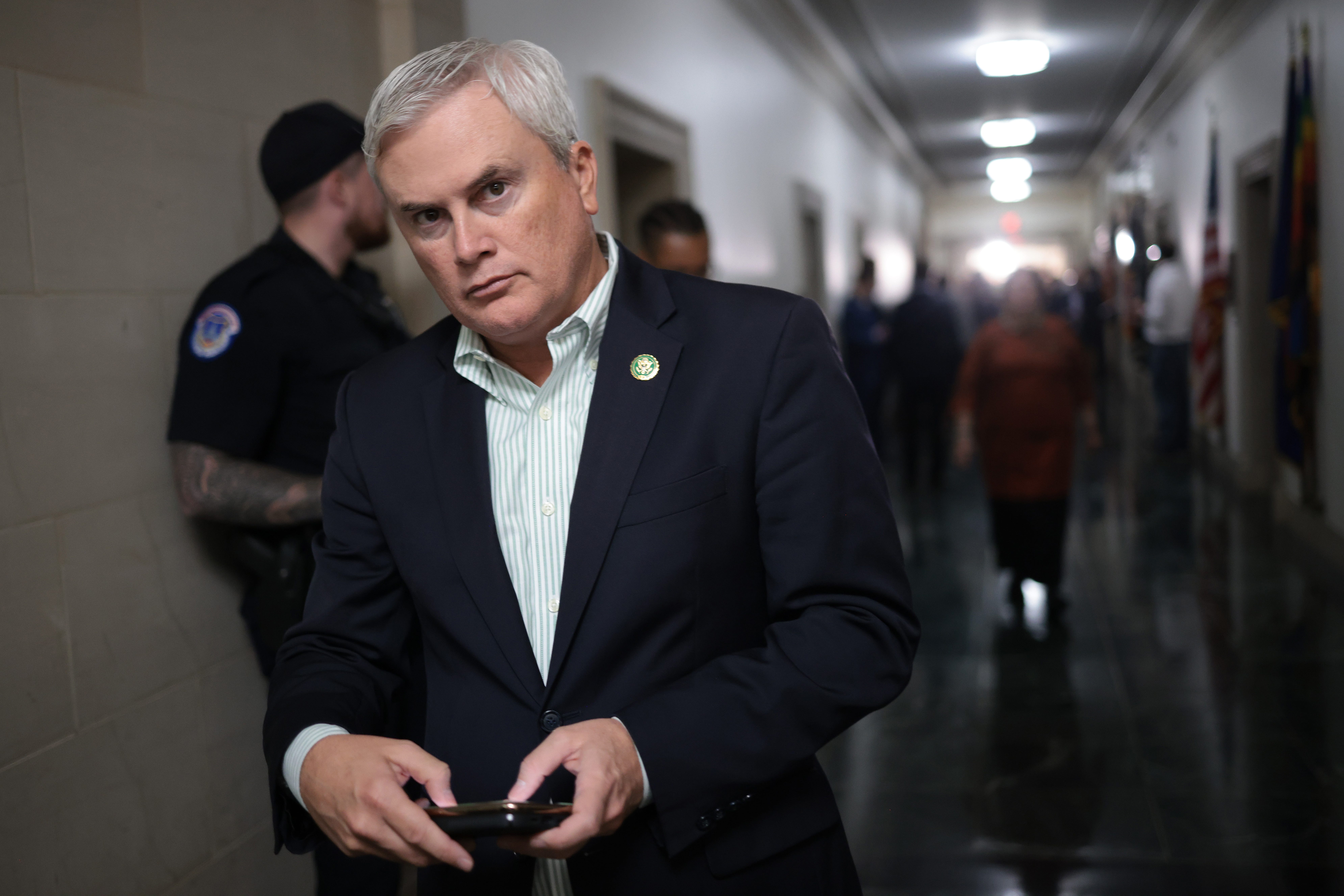 U.S. Rep. James Comer, R-Ky., leaves during a break in a House Republican caucus meeting at the Longworth House Office Building on October 13, 2023 in Washington, DC.