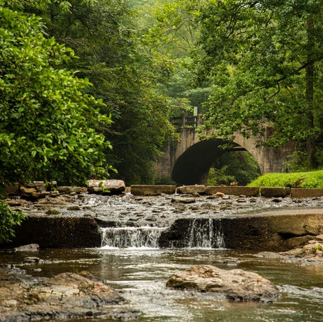 Water flows along Gulpha Creek at Hot Springs National Park.