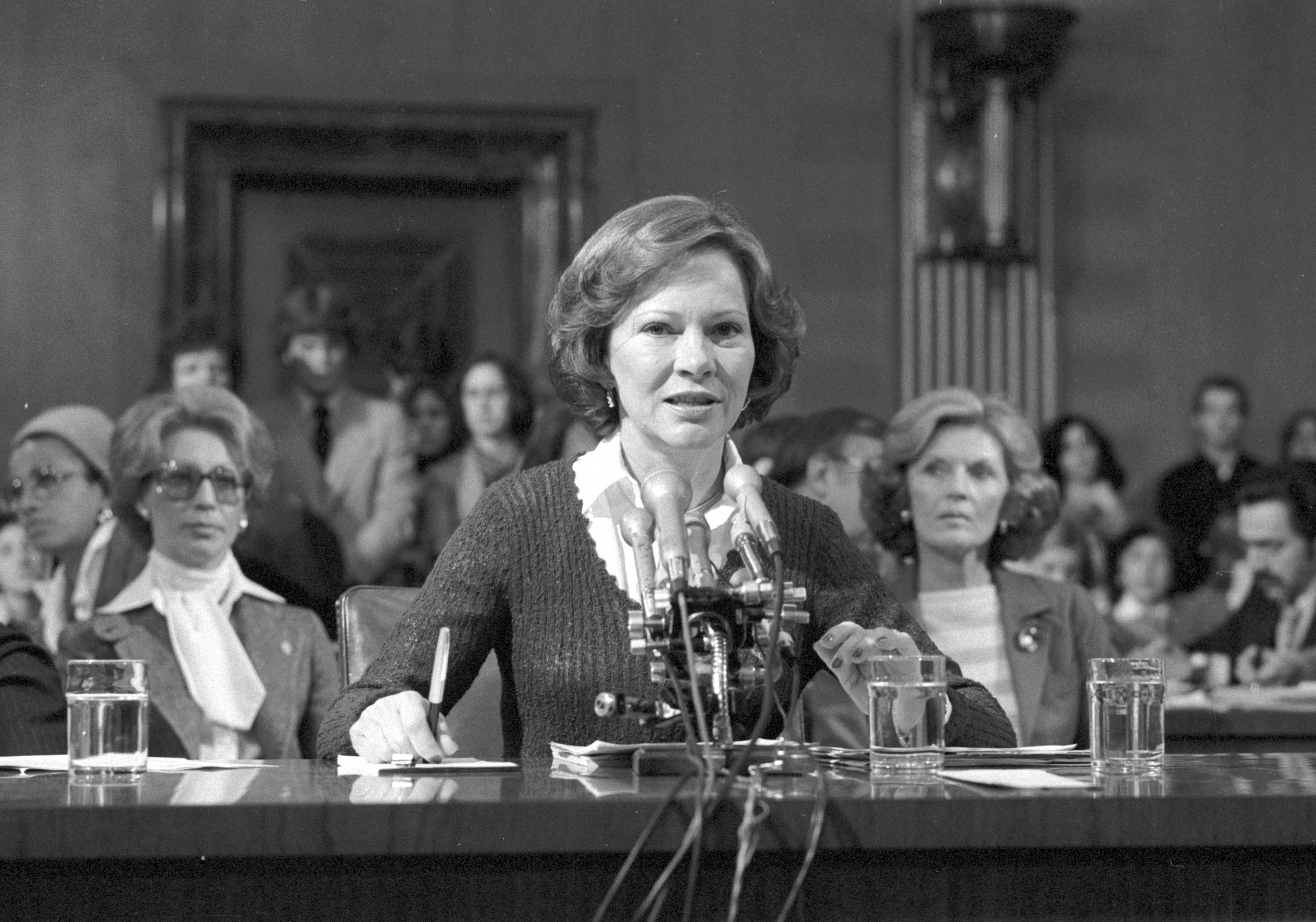 Rosalynn Carter testifies on behalf of the President's Commission onMental Health before the Senate Subcommittee on Health and ScientificResearch of the Committee on Labor and Human Resources on Feb. 7, 1979. She was the second first lady to appear before Congress.