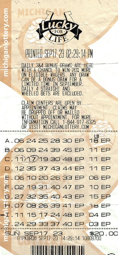 Michael Sopejstal, 60, won $25,000 for life when a Lucky For Life lottery ticket he purchased matched the five white balls drawn on Sept. 17, 2023, Michigan Lottery officials said.