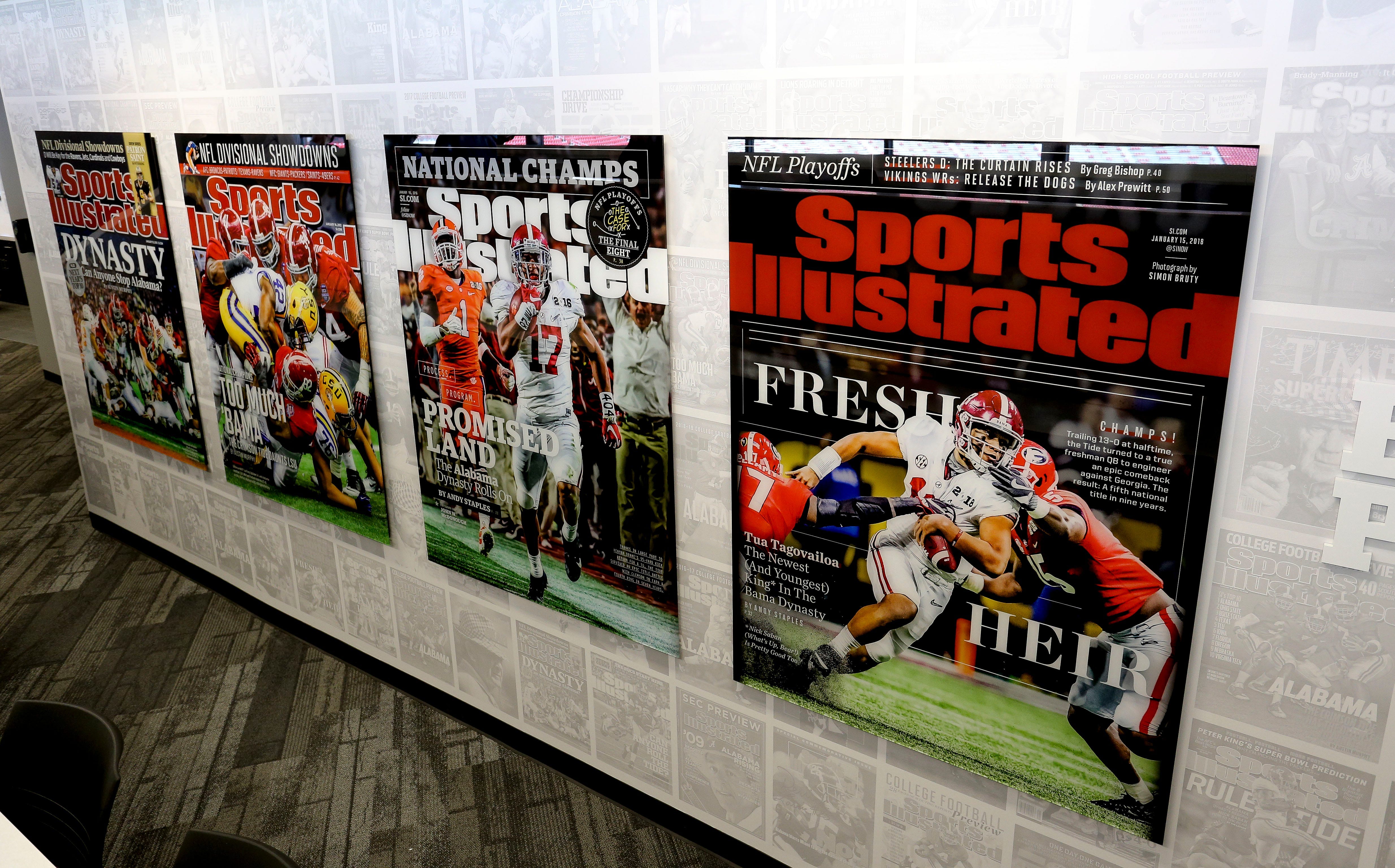 The University of Alabama showed off renovations to Bryant Denny Stadium Thursday, Oct. 1, 2020. Sports Illustrated covers decorate the walls inside the new press box. [Staff Photo/Gary Cosby Jr.]    Bryant Denny Stadium Renovations