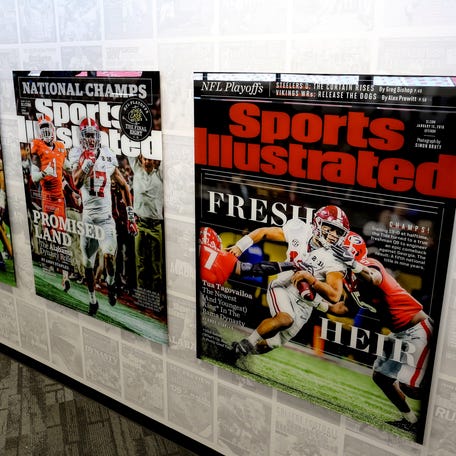 The University of Alabama showed off renovations to Bryant Denny Stadium Thursday, Oct. 1, 2020. Sports Illustrated covers decorate the walls inside the new press box. [Staff Photo/Gary Cosby Jr.]    Bryant Denny Stadium Renovations