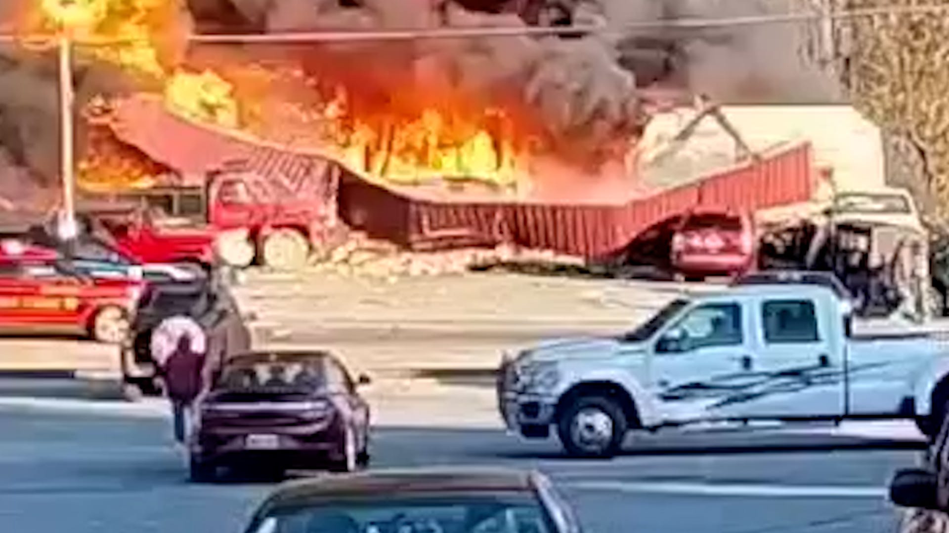 Fire at Jimbo's Auto Repair shop in Hillsboro, Ohio as captured in a video by an onlooker. Three people died and one was injured as a result of the fire.