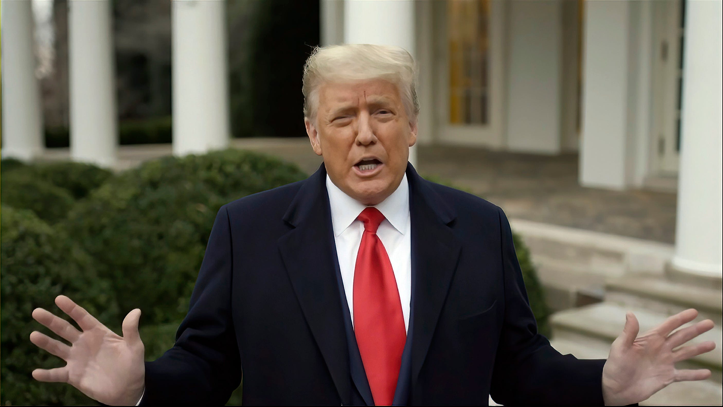 President Donald Trump records a video statement on the afternoon of Jan. 6, 2021, from the Rose Garden at the White House in Washington. Trump's lawyers have suggested their strategy in his election interference case in Washington involves distancing their client from the horde of U.S. Capitol rioters, whom the former president has embraced on the campaign trail.