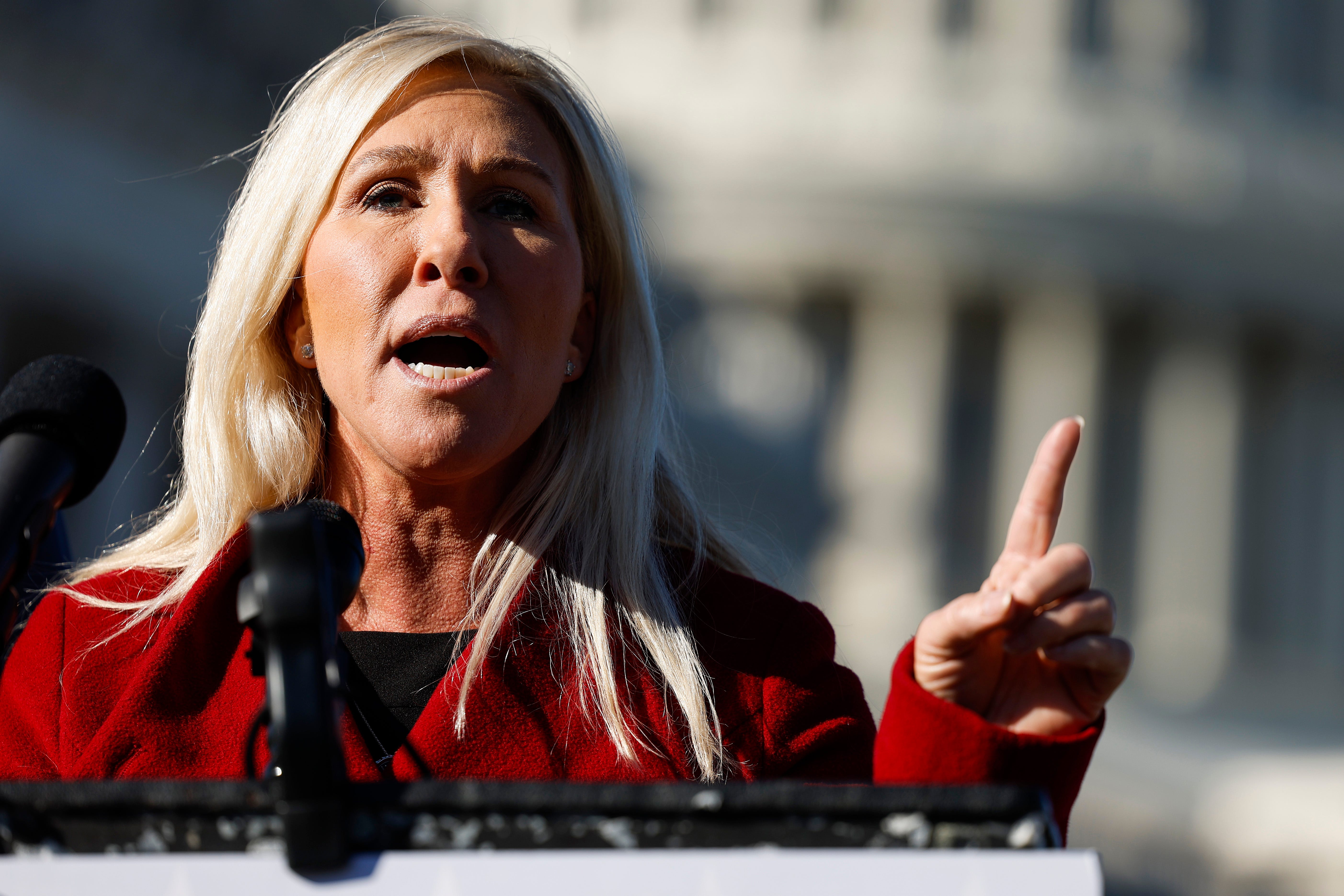 U.S. Rep. Marjorie Taylor Greene, R-Ga., speaks alongside U.S. Rep. Tony Gonzales, R-Texas, at a news conference on border security outside of the U.S. Capitol Building on November 14, 2023 in Washington, DC.