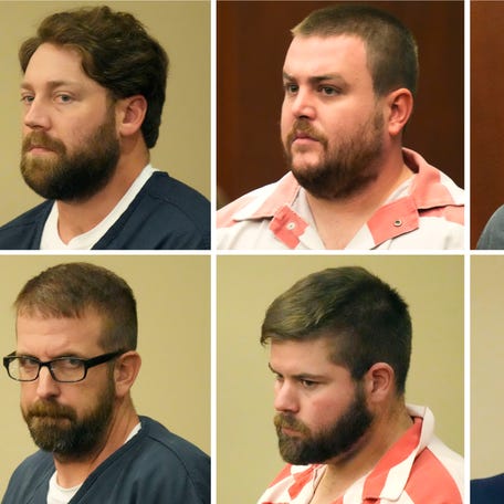This combination of file photos shows, from top left, former Rankin County sheriff's deputies Hunter Elward, Christian Dedmon, Brett McAlpin, Jeffrey Middleton, Daniel Opdyke and former Richland police officer Joshua Hartfield appearing at the Rankin County Circuit Court in Brandon, Miss., Monday, Aug. 14, 2023. The Mississippi sheriff who leads the department where former deputies pleaded guilty to a long list of state and federal charges   for the racist torture of two Black men has asked a federal court to dismiss a civil lawsuit against him, Friday, Oct. 6, 2023.