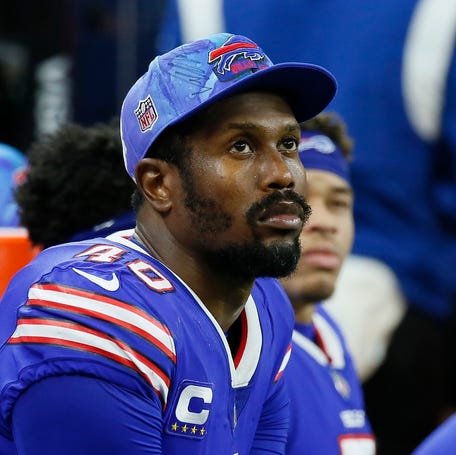 Buffalo Bills' Von Miller watches from the bench during the second half of an NFL football game against the Cleveland Browns, Sunday, Nov. 20, 2022, in Detroit.