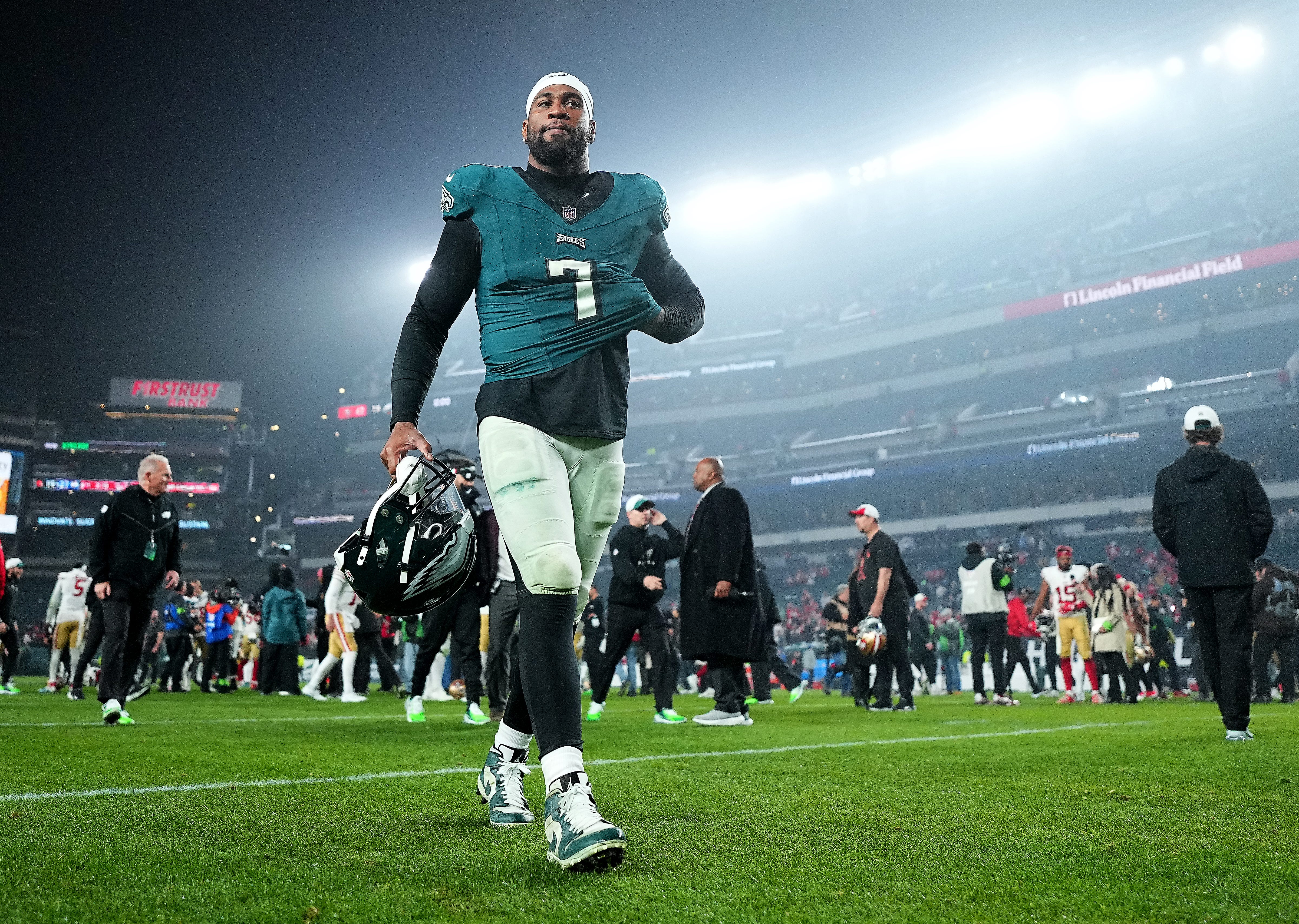 Haason Reddick of the Philadelphia Eagles walks off the field after a loss to the San Francisco 49ers at Lincoln Financial Field on December 03, 2023 in Philadelphia, Pennsylvania.