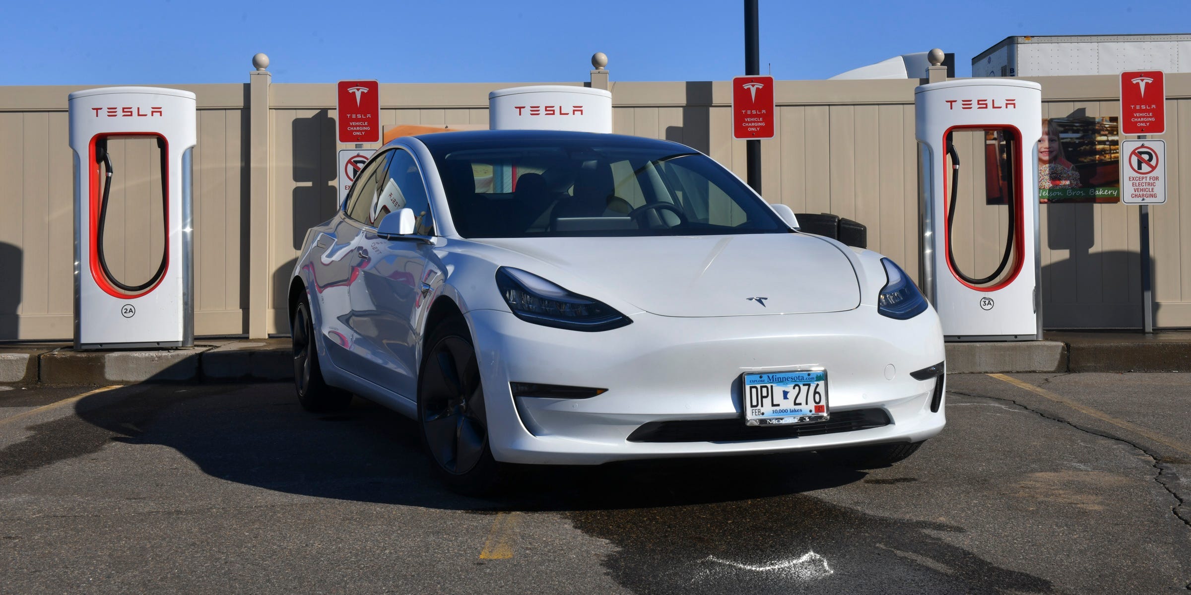 Bruce Anderson's Tesla Model 3 charges Tuesday, March 2, 2021, at the Tesla charging station in Clearwater.