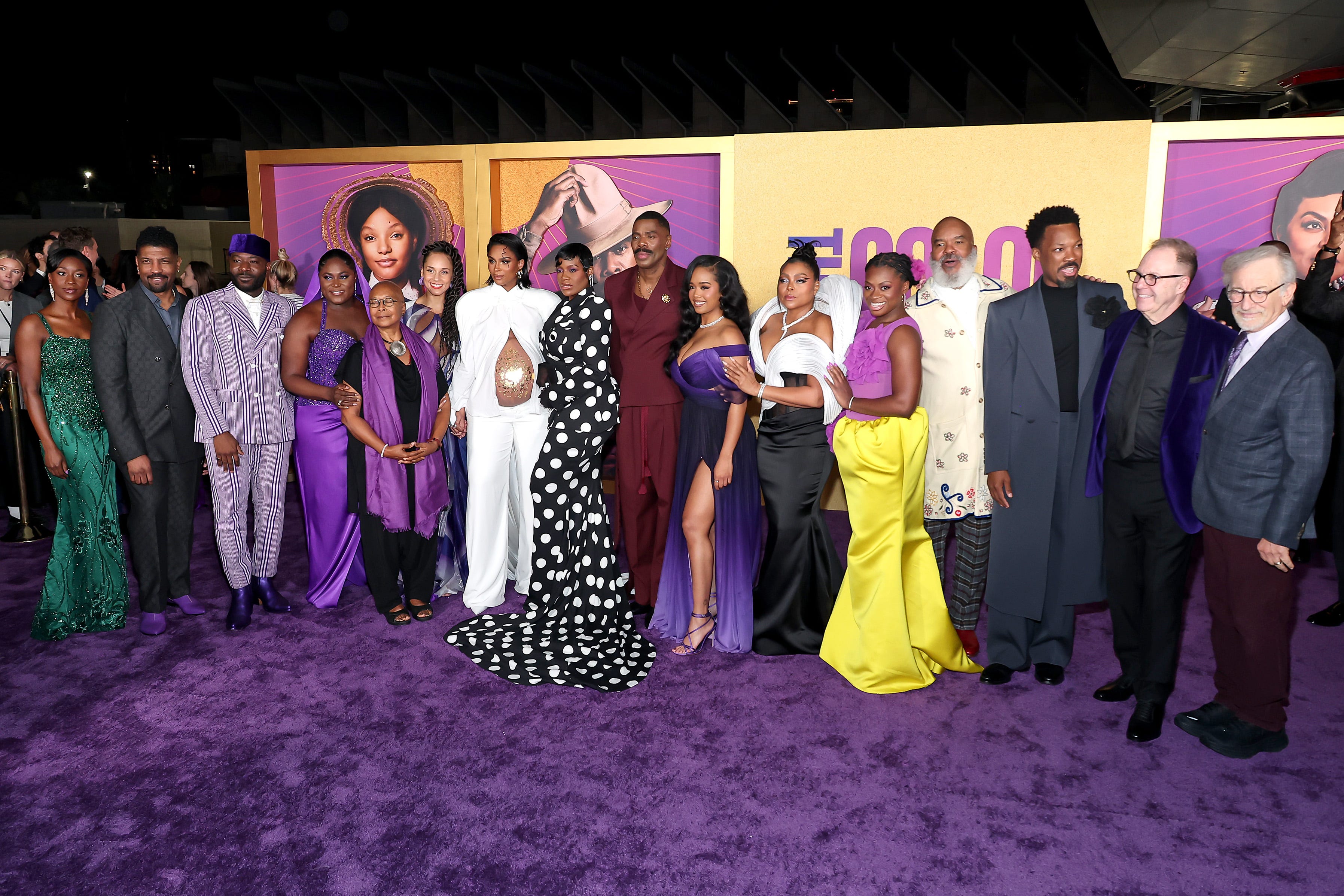 From left: Adetinpo Thomas, Deon Cole, Brenda Russell, Blitz Bazawule, Danielle Brooks, Alice Walker, Alicia Keys, Ciara, Fantasia Barrino-Taylor, Colman Domingo, Gabriella Wilson aka H.E.R., Taraji P. Henson, Phylicia Pearl Mpasi, David Alan Grier, Corey Hawkins, Scott Sanders and Steven Spielberg attend the world premiere of Warner Bros.' "The Color Purple" at the Academy Museum on Dec. 6, 2023, in Los Angeles.