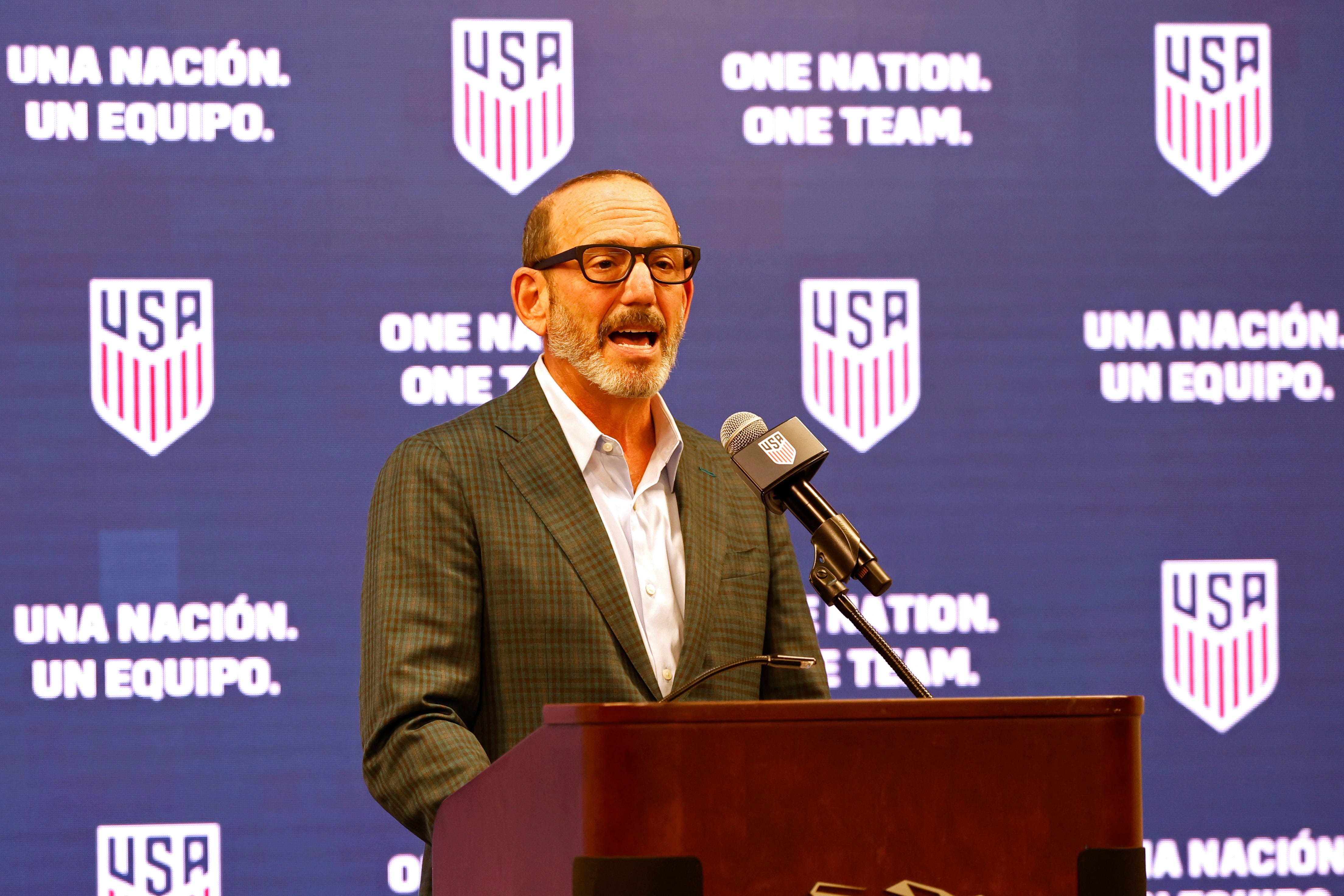 MLS commissioner Don Garber speaks at a press conference announcing Atlanta as the location for the new US Soccer National Training Center prior to the match between Inter Miami CF and Atlanta United FC at Mercedes-Benz Stadium.