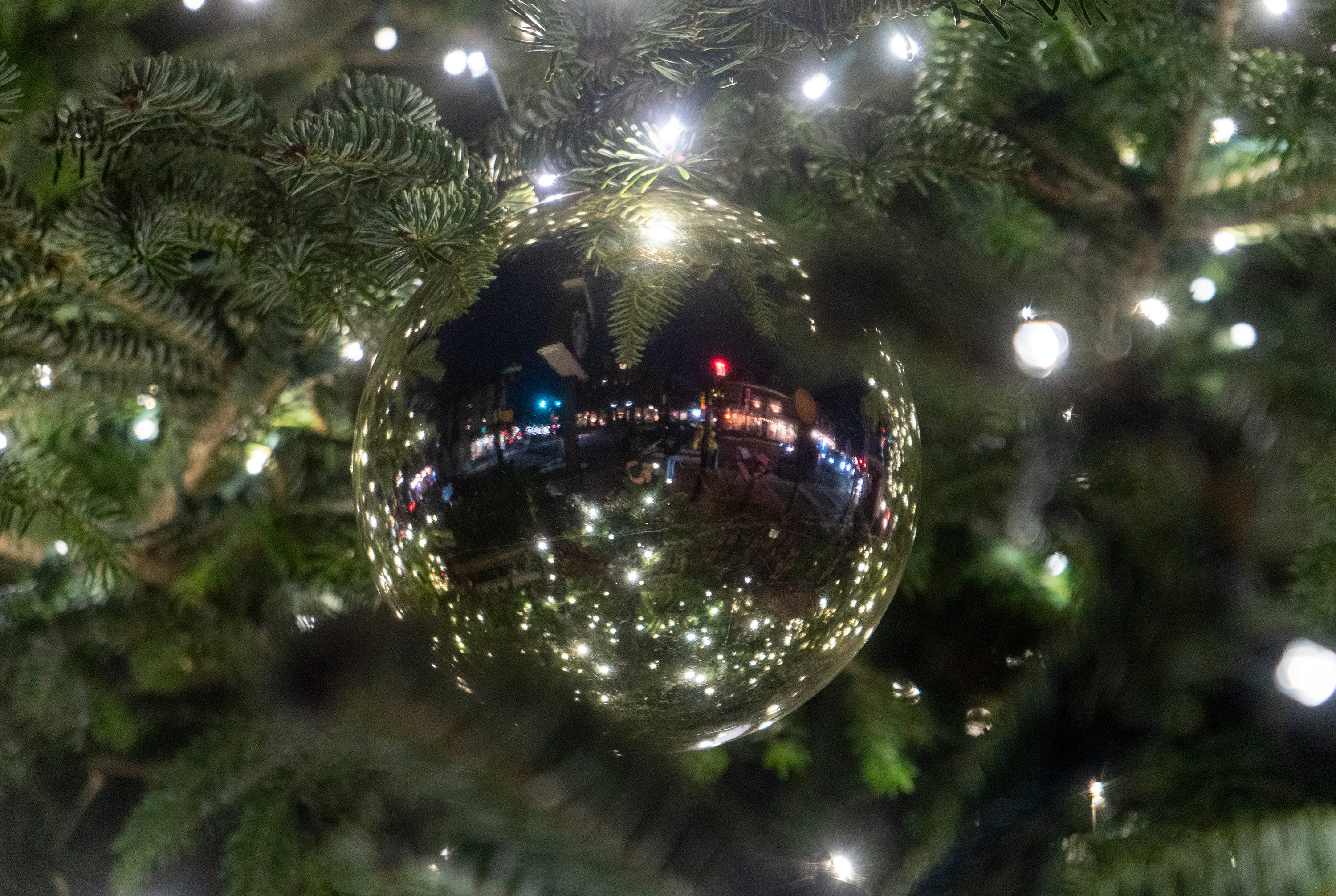 گوشهٔ خیابان شمالی مین و خیابان ایستیت استیت که در یکی از توپهای کریسمس روی درخت کریسمس در دویلستاون در جمعه، ۸ دسامبر ۲۰۲۳ منعکس میشود.