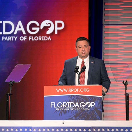 Florida Party of Florida Chairman Christian Ziegler addresses attendees at the Republican Party of Florida Freedom Summit, Saturday, Nov. 4, 2023, in Kissimmee, Fla. (AP Photo/Phelan M. Ebenhack)