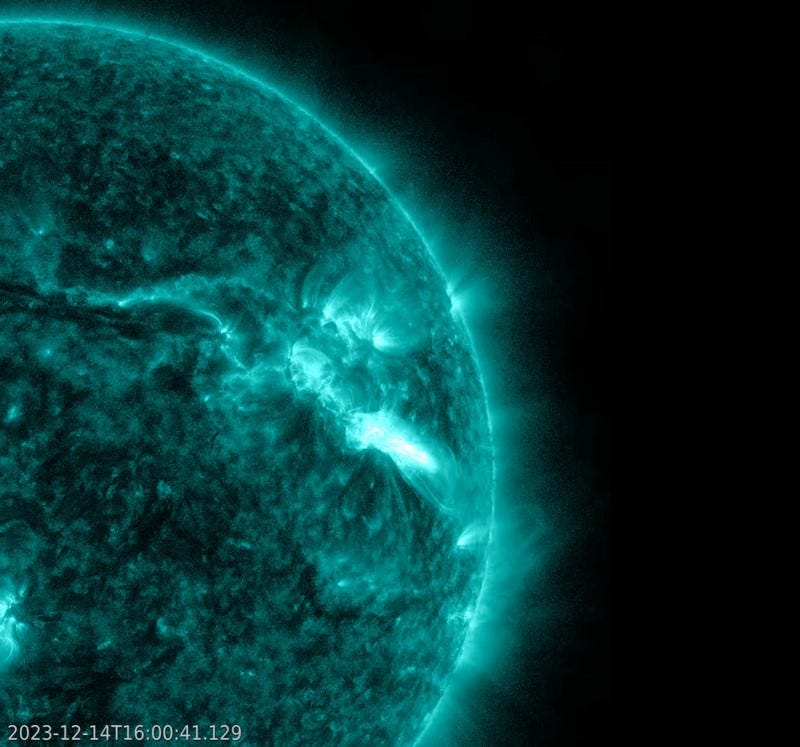 NASA's Solar Dynamics Observatory captured this image of a solar flare on Dec. 14, 2023. Solar flares are powerful bursts of energy from the sun, NASA said.