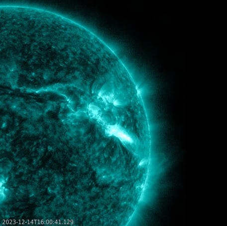 NASA's Solar Dynamics Observatory captured this image of a solar flare on Dec. 14, 2023. Solar flares are powerful bursts of energy from the sun, NASA said.