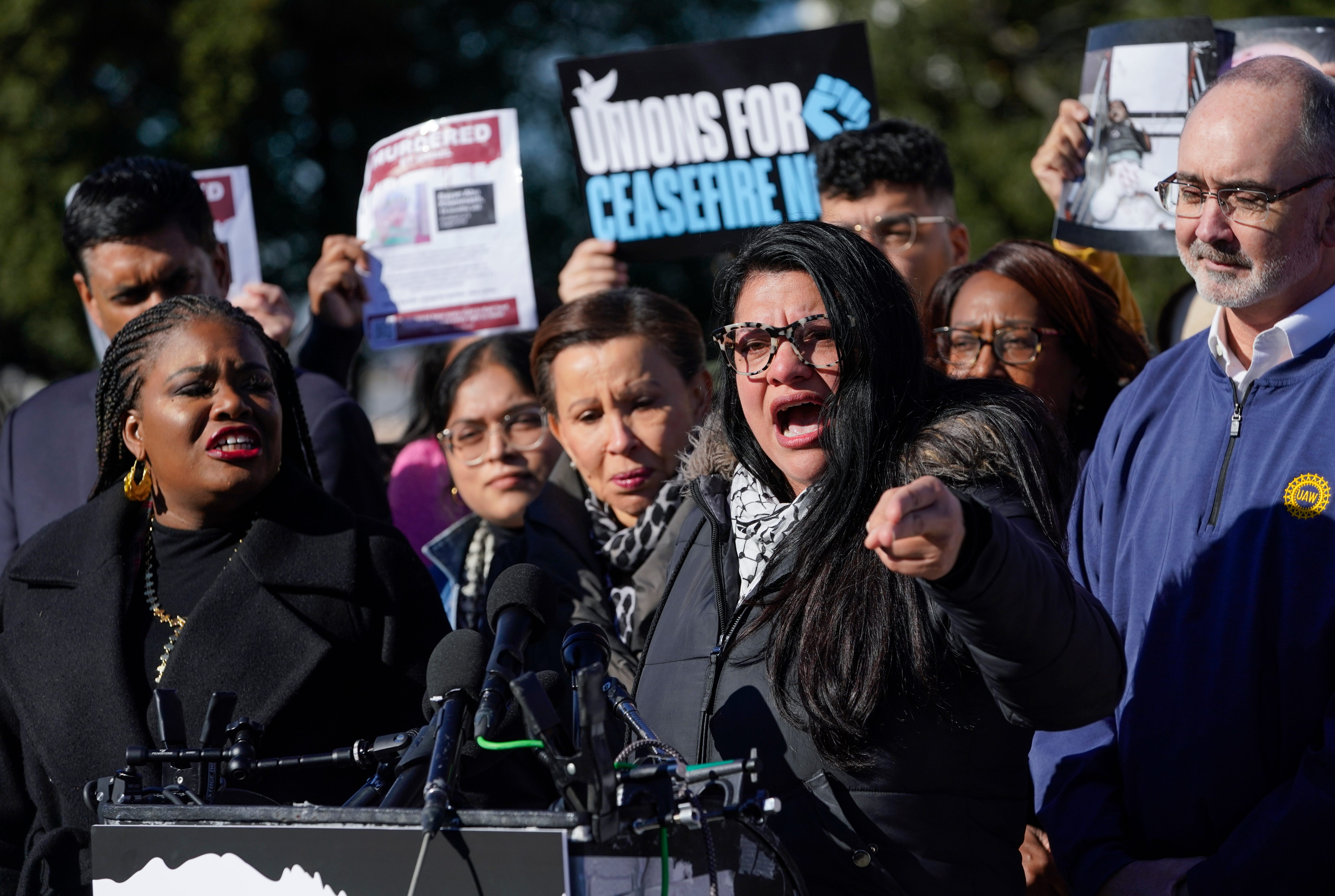 Rep. Rashida Tlaib, D-Mich., participates in a news conference in Washington, D.C., on Dec. 14, 2023, calling for a cease-fire in the Gaza Strip.
