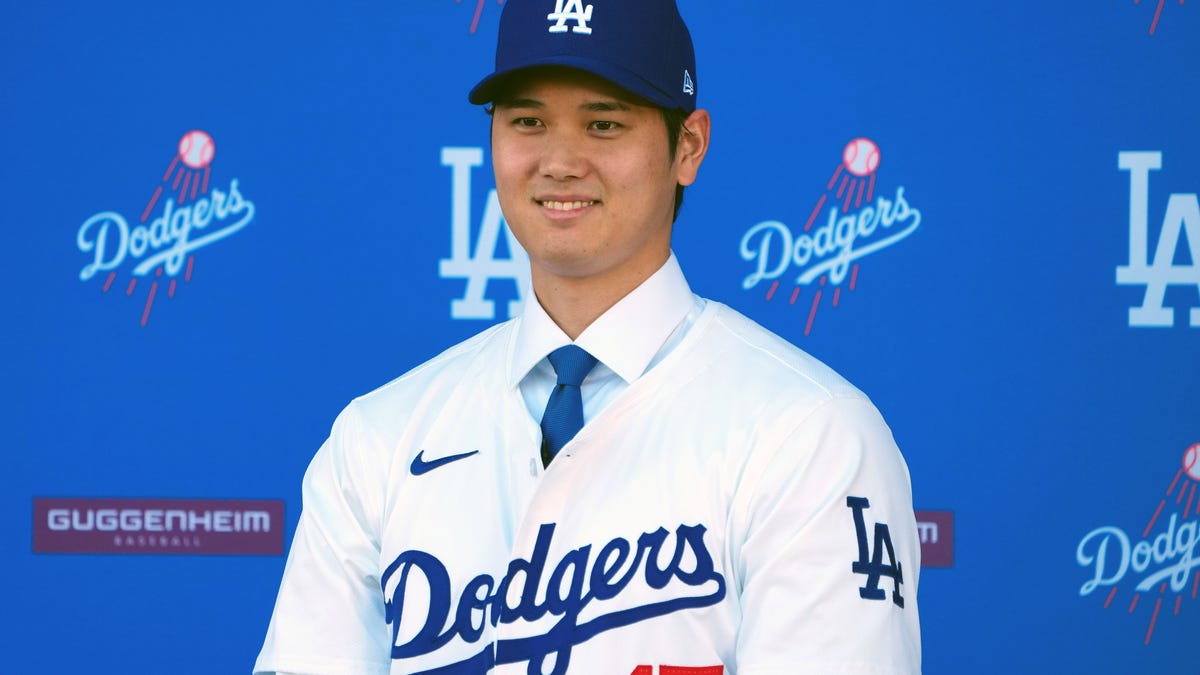 Shohei Ohtani is introduced at a press conference at Dodger Stadium.
