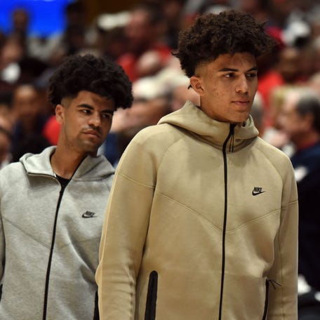 Cayden (left) and Cameron Boozer, twin sons of former NBA All-Star Carlos Boozer, are two of the top prospects in the 2025 class. In November, they visited Duke for the Blue Devils' game vs. Arizona at Cameron Indoor Stadium.