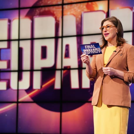 Mayim Bialik is seen hosting "Jeopardy!" on Season 38, week 37, on May 24, 2022.