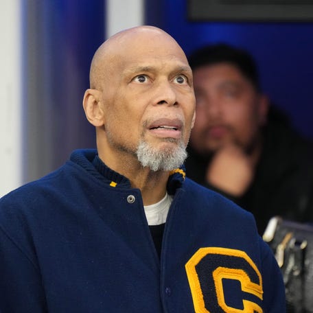 Kareem Abdul-Jabbar attends the game between the Los Angeles Rams and the Cleveland Browns at SoFi Stadium.