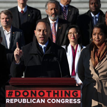 U.S. House Minority Leader Hakeem Jeffries, D-N.Y., joined by fellow Democratic lawmakers, speaks on gun legislation during a press conference at the U.S. Capitol on December 14, 2023 in Washington, DC.