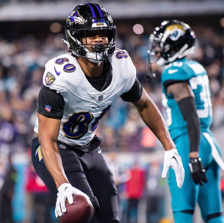 Baltimore Ravens tight end Isaiah Likely (80) celebrates his touchdown against the Jacksonville Jaguars.