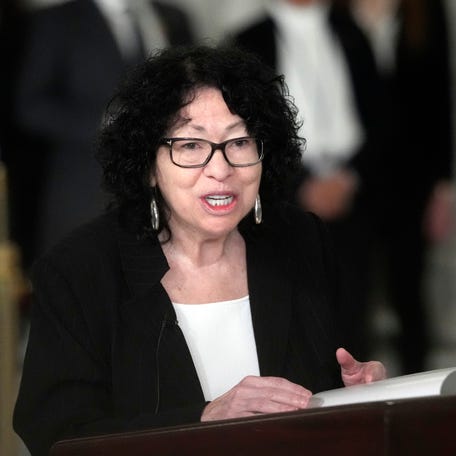 Supreme Court Justice Sonia Sotomayor speaks during a service for retired Supreme Court Justice Sandra Day O'Connor in the Great Hall at the Supreme Court in Washington, Monday, Dec. 18, 2023.