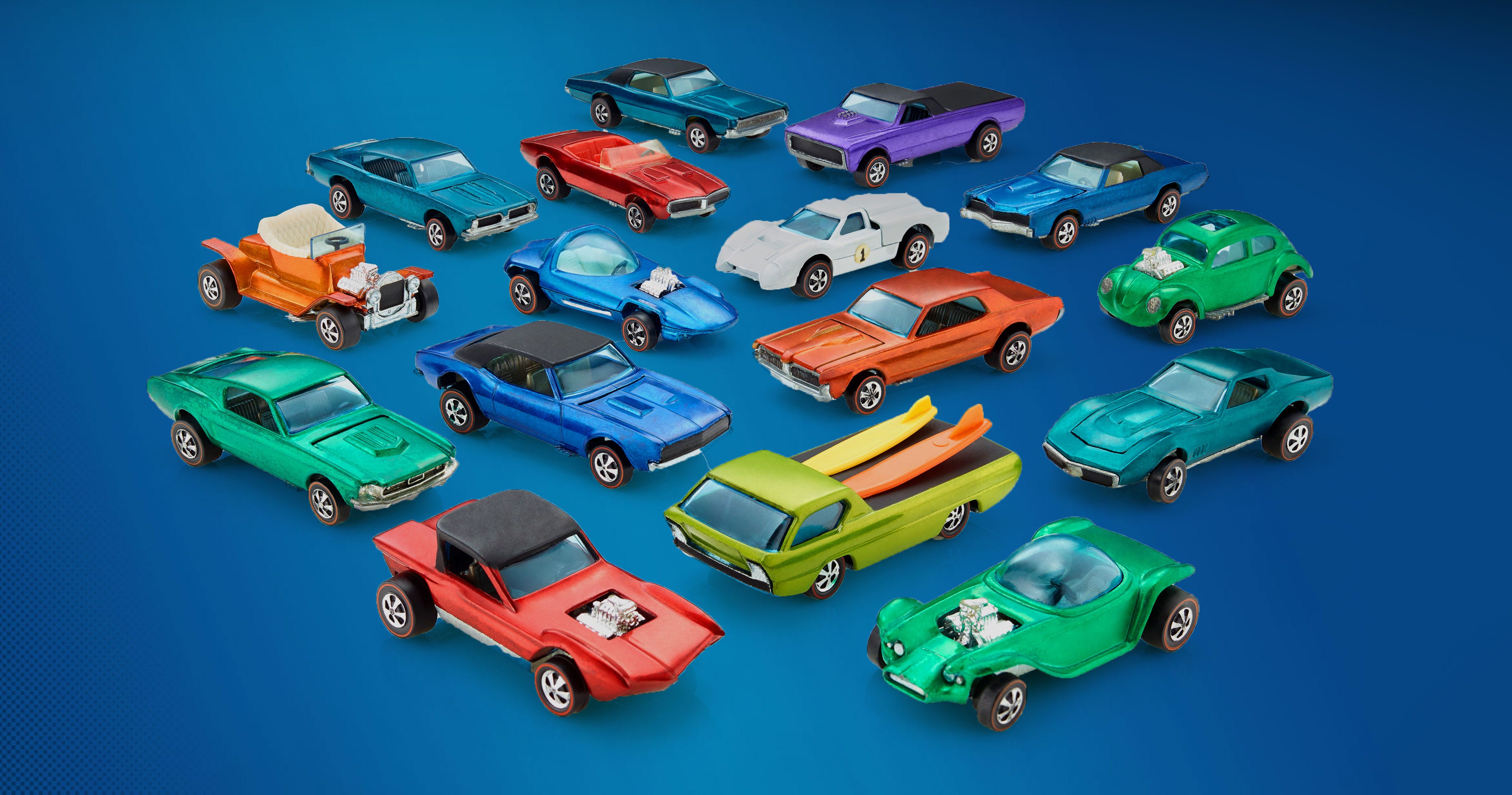 The Hot Wheels "Sweet 16" collection of original cars first released in 1968.