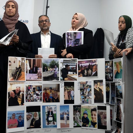 Dec 19, 2023; Newark, NJ, USA; A press conference at the office of CAIR-NJ for Palestinian American families who together lost more than 1,000 family members in during the Israel-Hamas war.