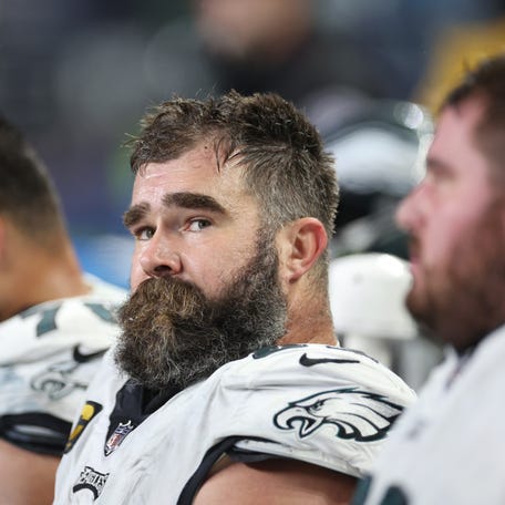 SEATTLE, WASHINGTON - DECEMBER 18: Jason Kelce #62 of the Philadelphia Eagles looks on in the second half at Lumen Field on December 18, 2023 in Seattle, Washington. (Photo by Steph Chambers/Getty Images) ORG XMIT: 775992475 ORIG FILE ID: 1866325627