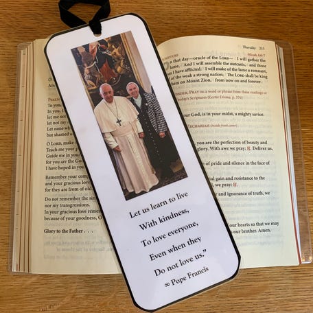 Sister Jeannine Gramick has been a longtime advocate for LGBTQ people in the Catholic Church. She met with Pope Francis on Oct. 17, 2023, and a friend made her a bookmark with the photo she has with him into a bookmark that Gramick tucks inside her prayer book.
