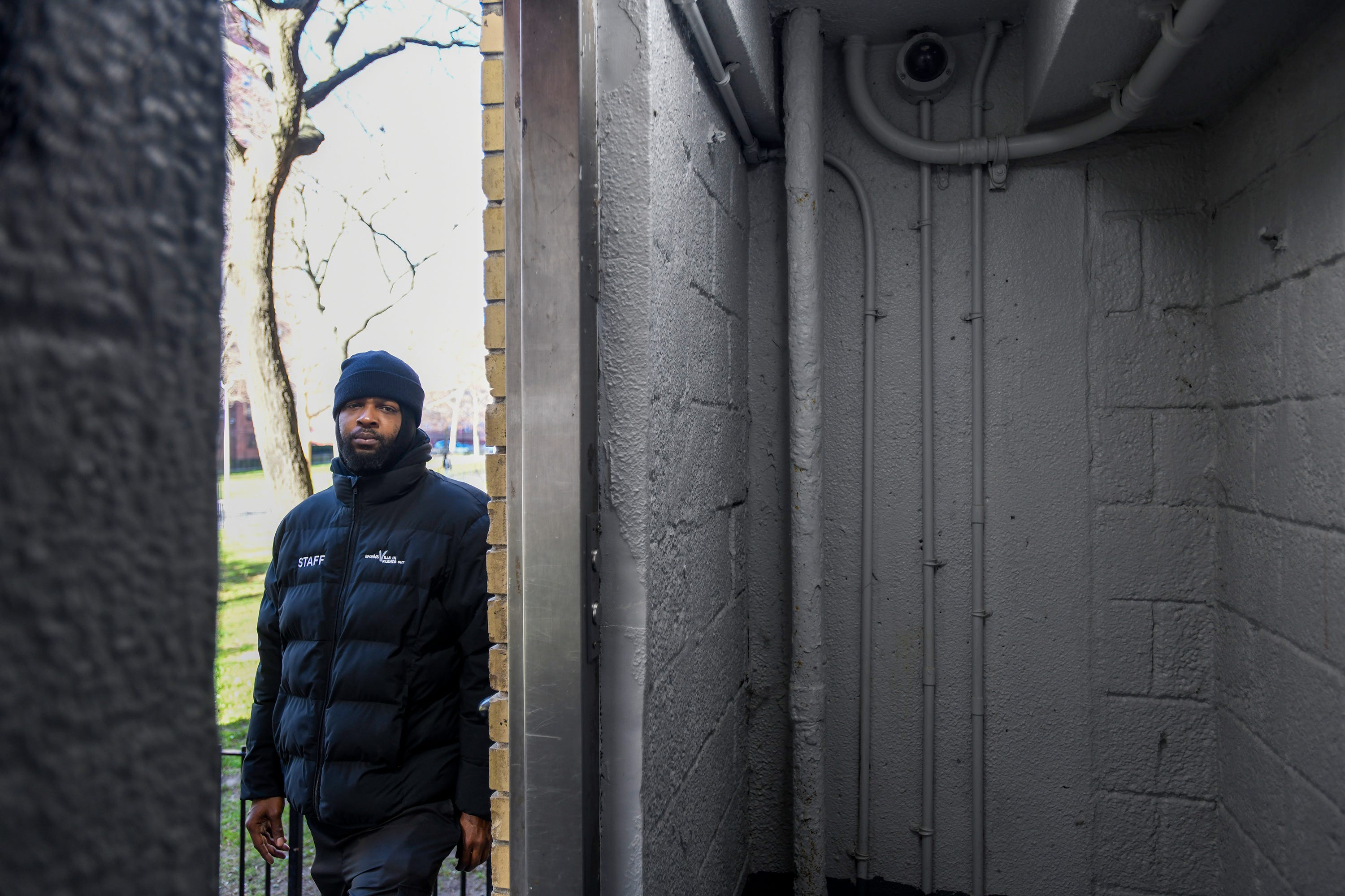 Shooting survivor and Anti-Gun Violence activist Taronn Sloane, age 36, works at Brownsville In Violence Out offices and canvases streets in the neighborhood in Brooklyn, NY. Sloane was shot in the staircase of the building where he lives at the Tilden Houses in Brooklyn. He is seen in the stairwell where he was shot.
