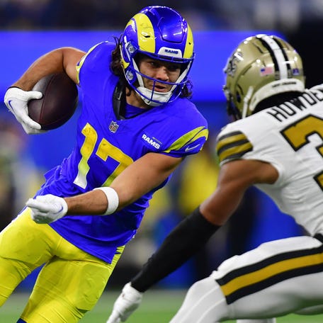 Los Angeles Rams wide receiver Puka Nacua (17) runs the ball against the New Orleans Saints.