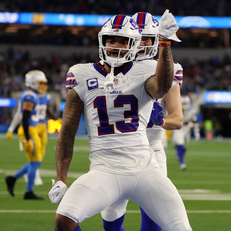 Buffalo Bills wide receiver Gabe Davis (13) celebrates after scoring a 57-yard touchdown during the second quarter against the Los Angeles Chargers.