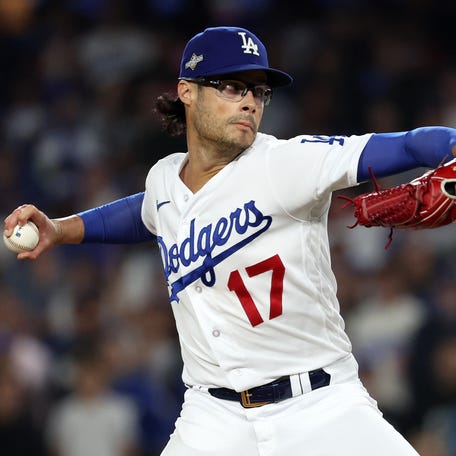 Dodgers relief pitcher Joe Kelly throws a pitch against the Diamondbacks during the seventh inning of Game 2 of their NL division series at Dodger Stadium in Los Angeles on Oct. 9, 2023
