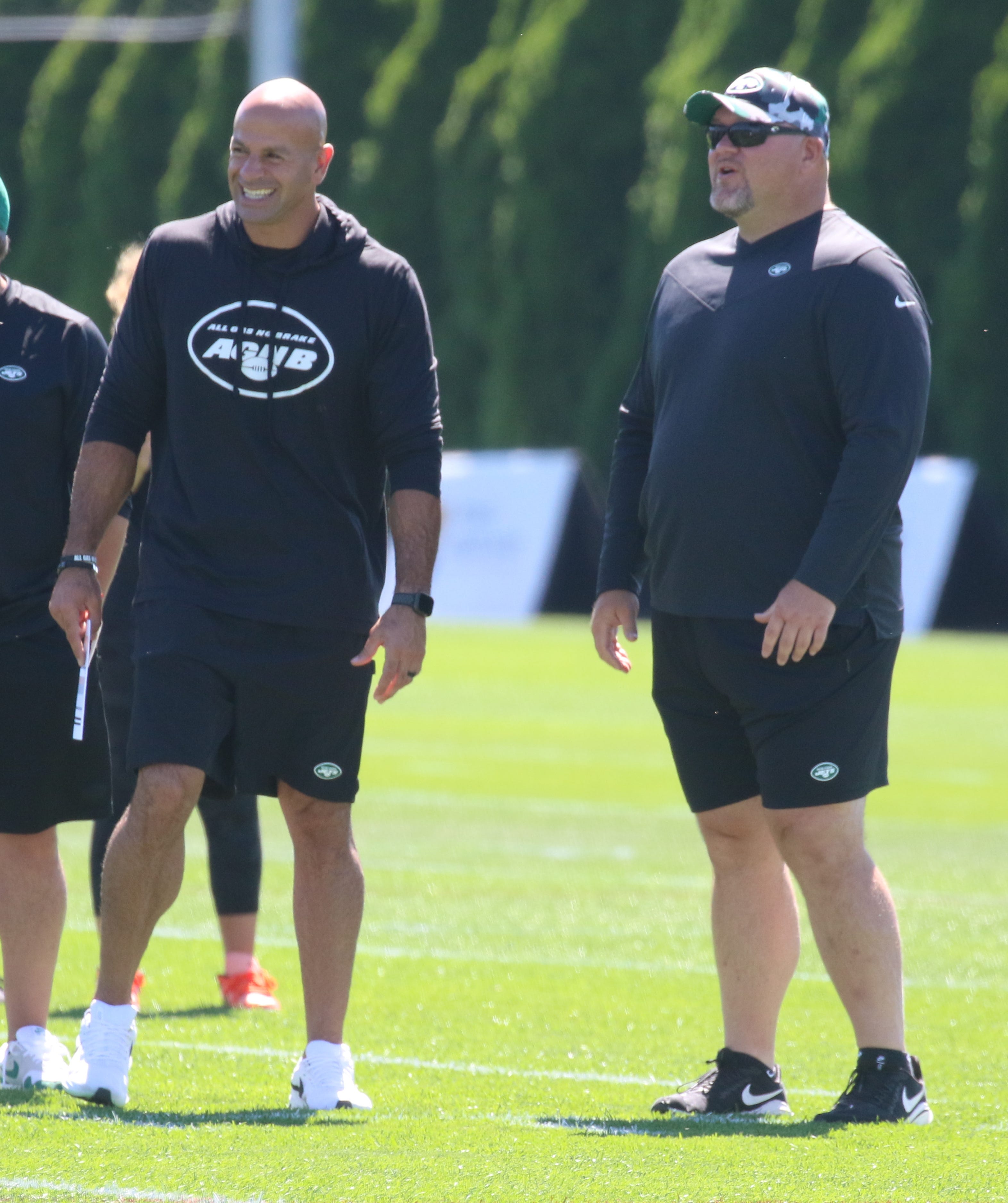 Jets coach Robert Saleh and general manager Joe Douglas look on during practice at the New York Jets Training Camp in Florham Park, N.J. on July 30, 2022.