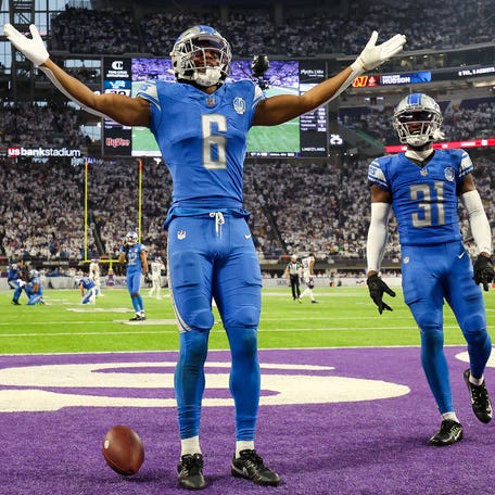 Lions safety Ifeatu Melifonwu (6) celebrates after intercepting a pass against the Minnesota Vikings late in the fourth quarter to seal Detroit's victory.
