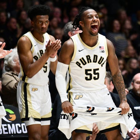 Purdue guard Lance Jones (55) reacts to one of his teammates scoring during the second half against Jacksonville at Mackey Arena.