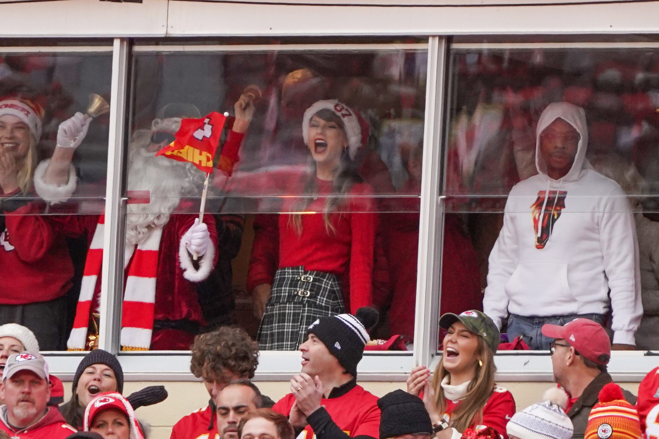Week 16: Singer/songwriter Taylor Swift cheers for the Chies during the first half of the game against the Las Vegas Raiders at GEHA Field at Arrowhead Stadium in Kansas City.