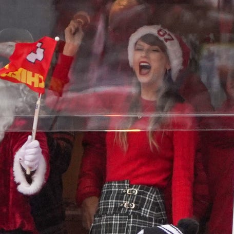 Week 16: Singer/songwriter Taylor Swift cheers for the Chies during the first half of the game against the Las Vegas Raiders at GEHA Field at Arrowhead Stadium in Kansas City.