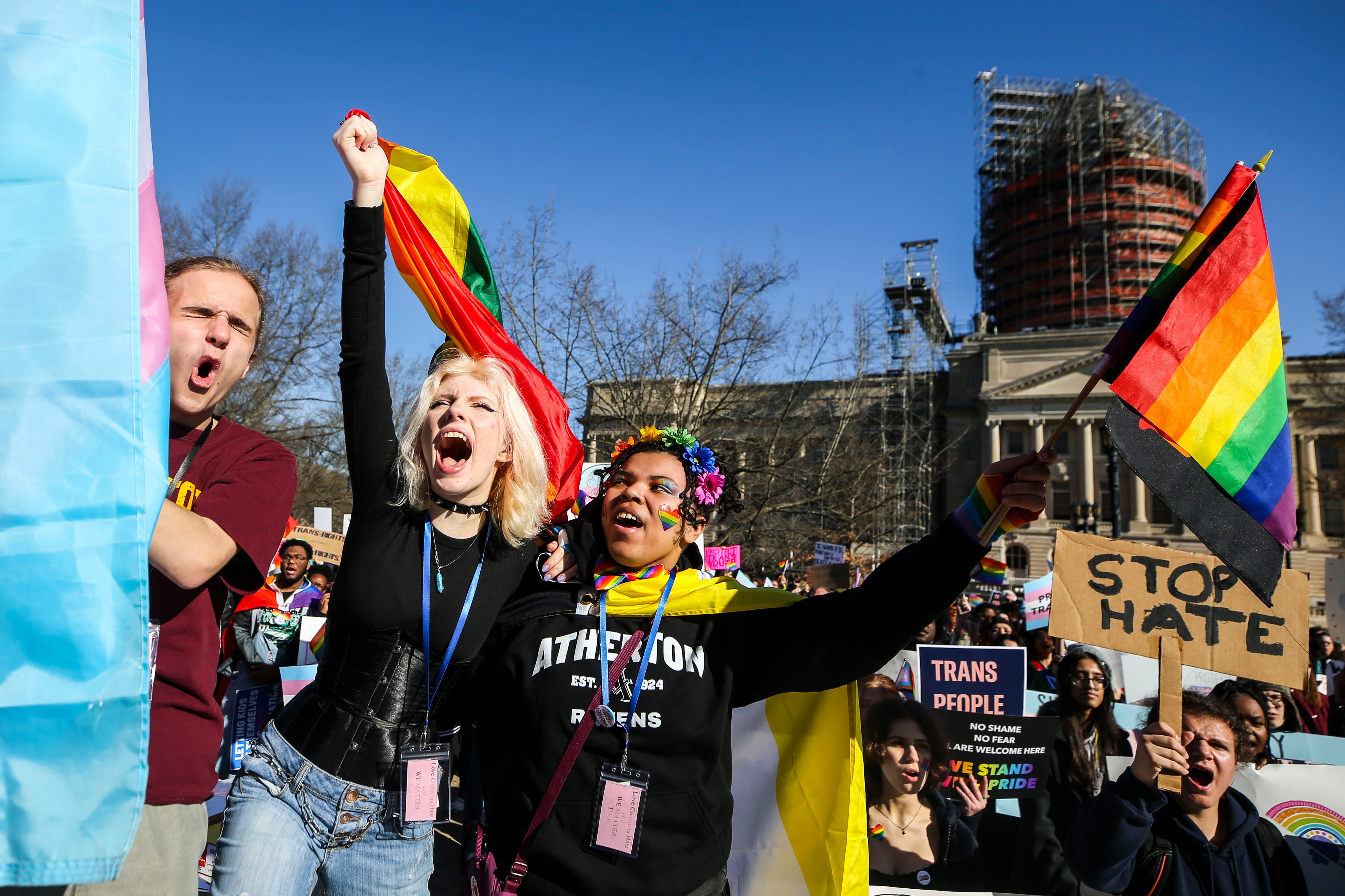 Students from Atherton High School rallied with hundreds of other teens from across Kentucky to support transgender rights and oppose SB 150 during a rally at the state capitol in Frankfort Wednesday morning. March 29, 2023