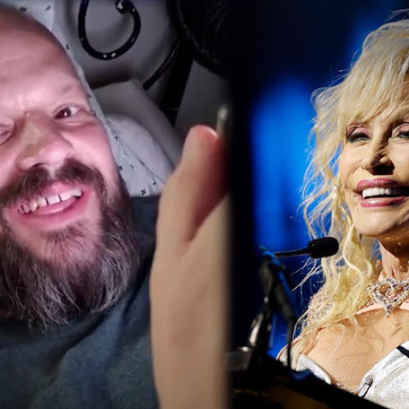 LeGrand Gold is pictured in the left image speaking with Dolly Parton over the phone. The right image shows Dolly Parton is pictured at the Nashville Songwriters Hall of Fame Gala on Oct. 11, 2023.
